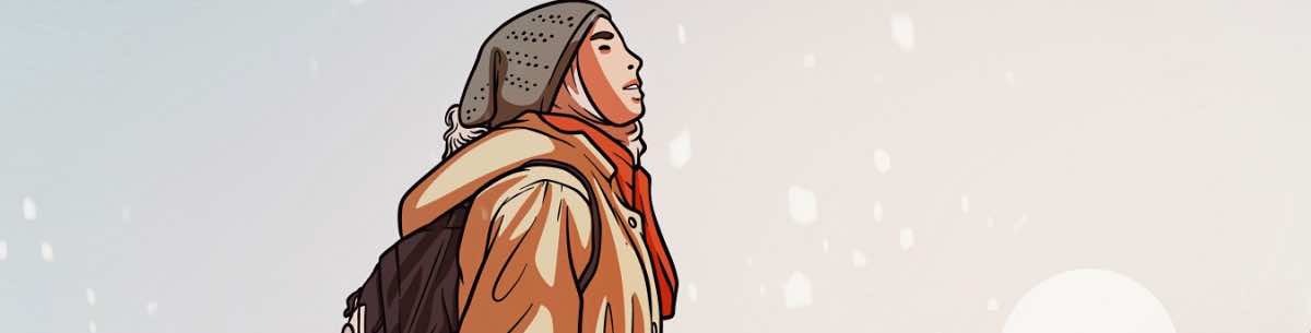 drawing of a woman in lapland looking at the snow falling